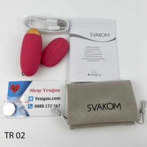 Trứng rung điều khiển từ xa Svakom Elva gồm túi vải, sách hướng dẫn, pin điều khiển, trứng rung, dây sạc