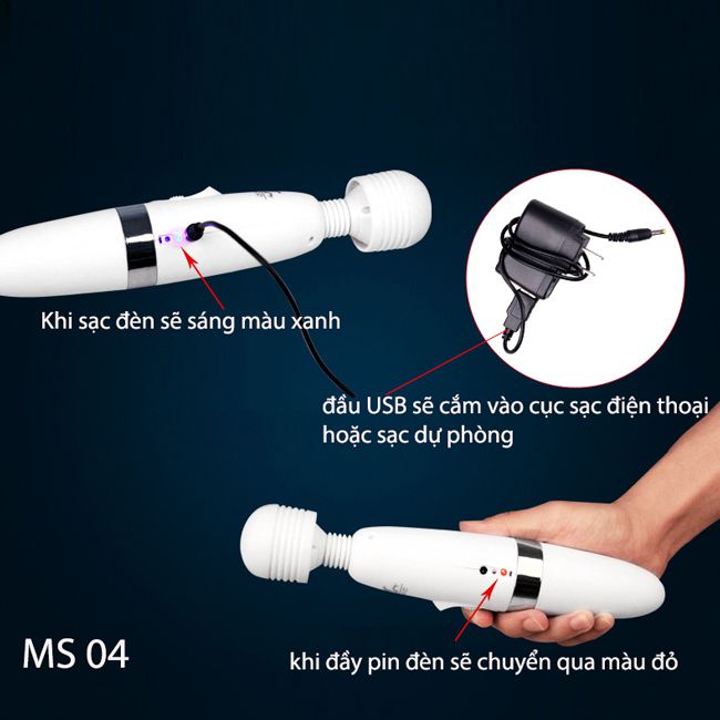 chày rung âm đạo sạc 4h sẽ đầy pin, khi sạc sẽ có tín hiệu đèn