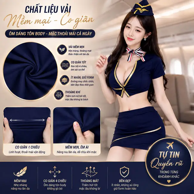 Bộ cosplay tiếp viên hàng không làm từ vải mềm mại, co giãn